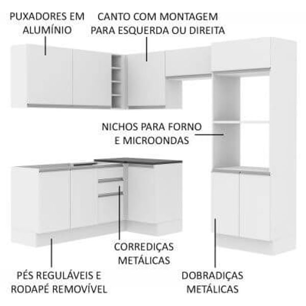 Cozinha Completa Madesa 100% MDF Acordes de Canto (Sem Tampo e Pia) -  Portas Branco Brilho