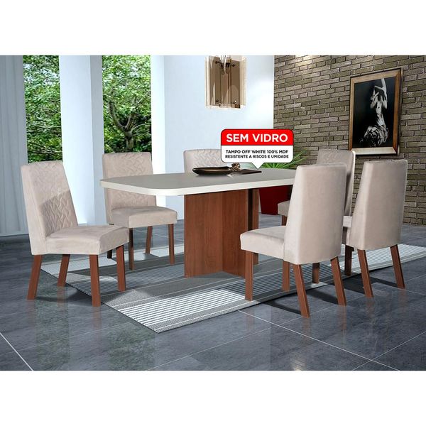 Conjunto Sala de Jantar Completa Mesa Tampo MDF Com Vidro 6 Cadeiras Noce e  Off White Olimpic Bom Pastor