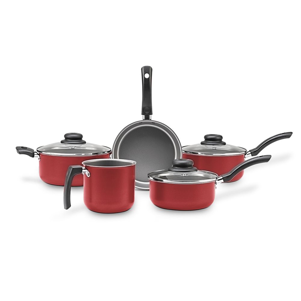 Conjunto 5 Panelas Alumínio Tampa Vidro Linha Cozinha Chicky Cor Vermelho  (Caçarolas Luxo, Panela Nova na Sua Cozinha)